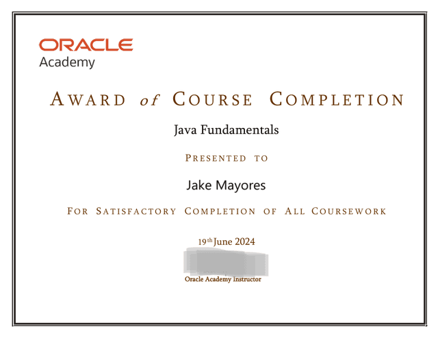 JAVA Fundamentals Certificate